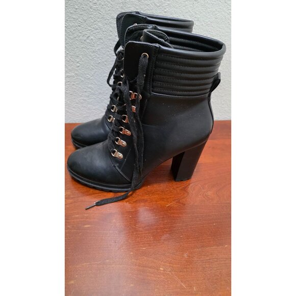 Justfab Women's Black Lace-Up High Heel Ankle Boots Quilted Detail & Gold Eyelet - Picture 4 of 8